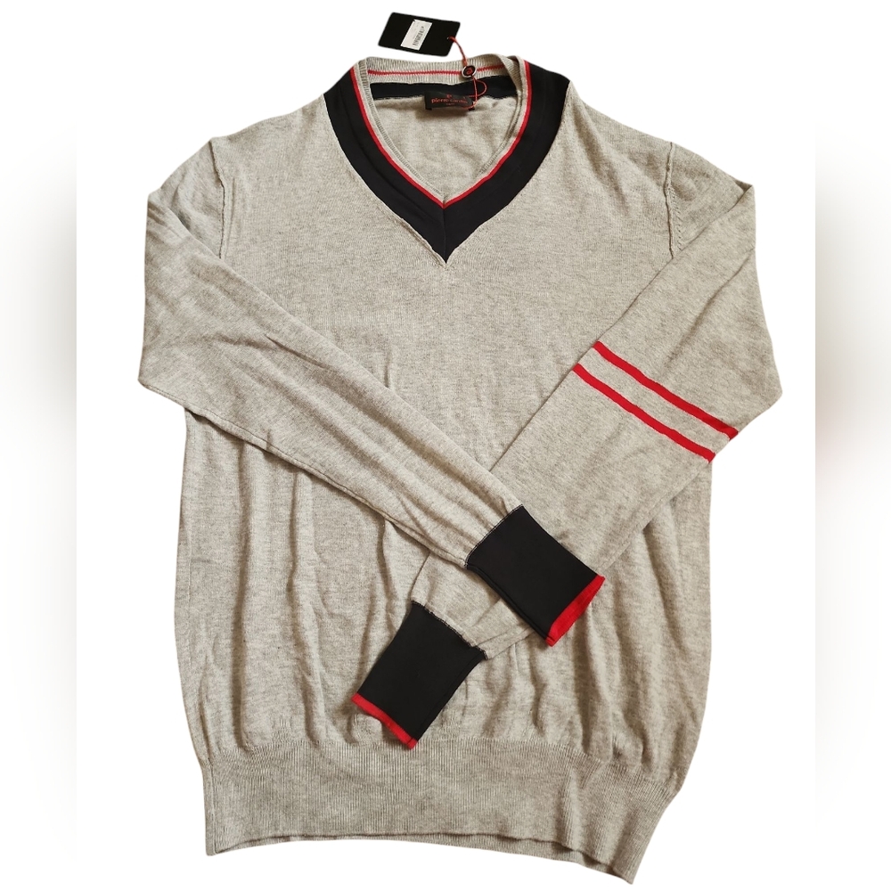 Peirre Cardin Gray V-Neck Sweater with Red Accents